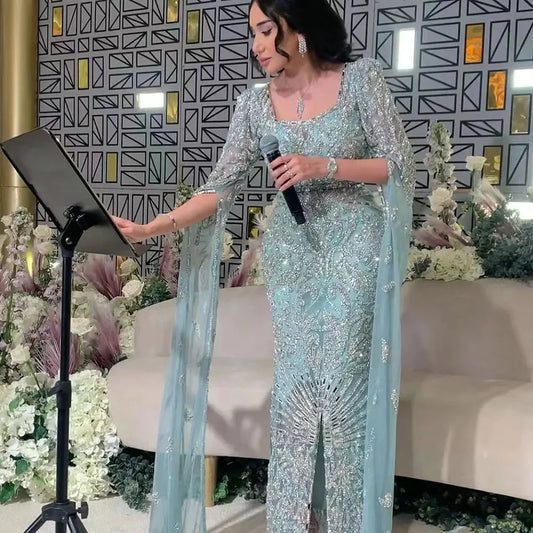 Serene Hill 2024 turquoise with Beaded Cape Sleeves Design Mermaid Long Evening Dresses Gowns for Women's Wedding Party BLA72400