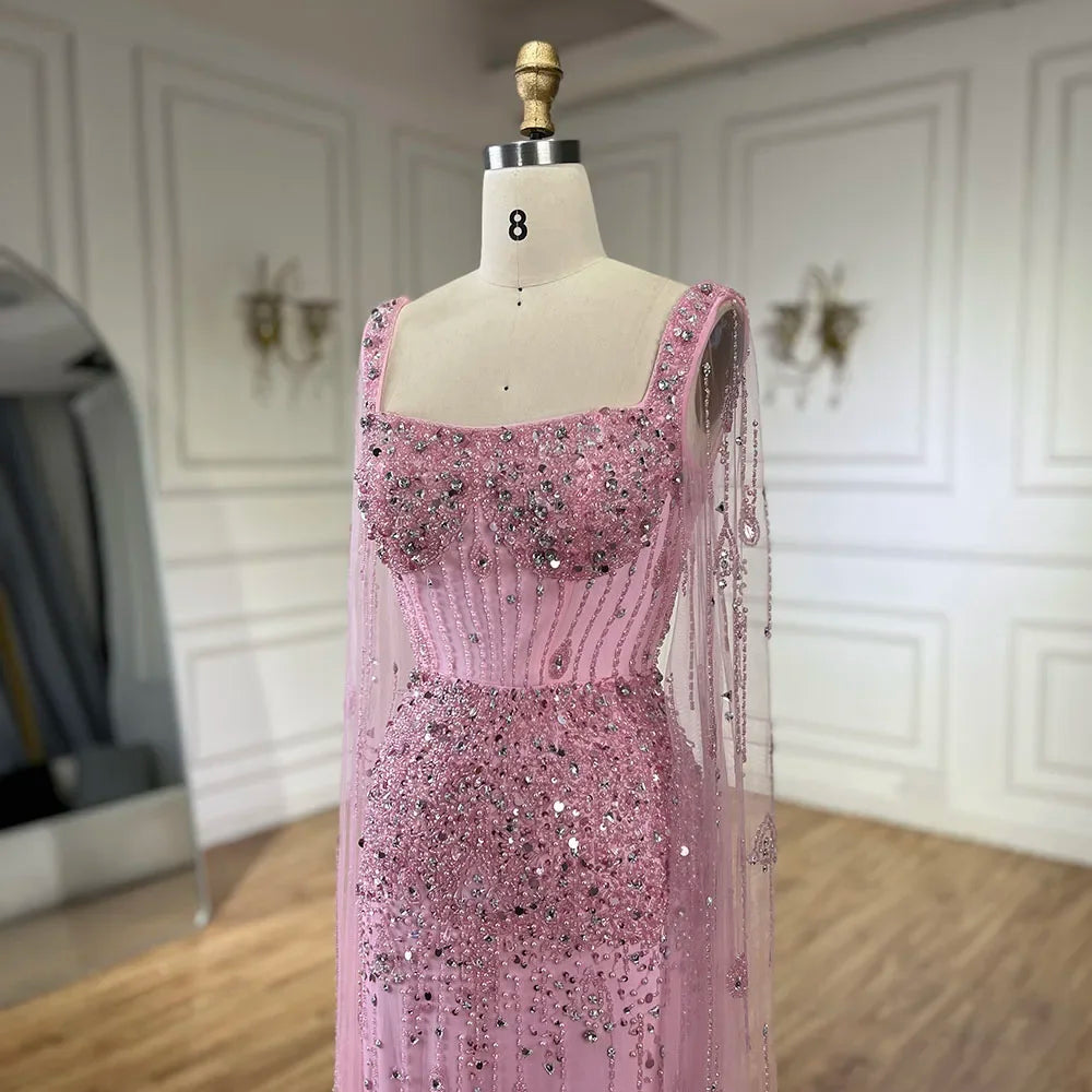 Serene Hill Arabic Gray Mermaid Beaded Luxury Dubai Long Evening Gown with Cape Sleeves Elegant for Women - Party 2024 BLA72592