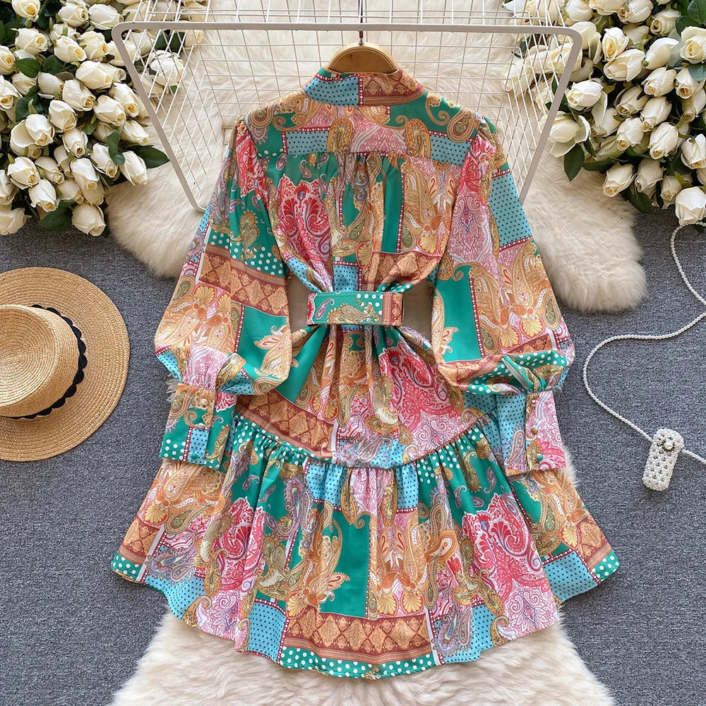 New In Dresses 2024 Spring Vintage Paisley Print Vacation Bohemian Dress Women Stand Collar Long Sleeve Mini Dress With Belt