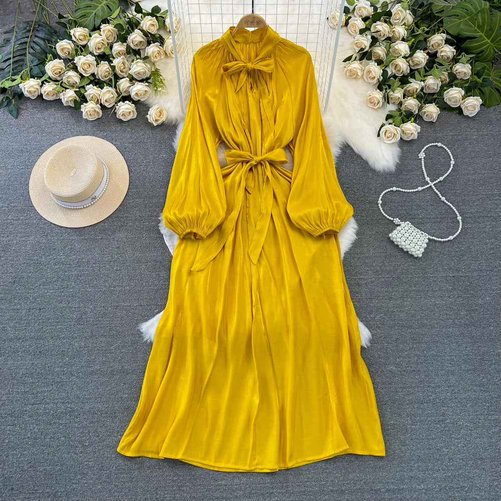 Autumn Elegant Women Fashion Party Long Dress Bow Lace Up Long Sleeve Evening Dresses A-Line Casual Vestidos One Piece Prom Robe