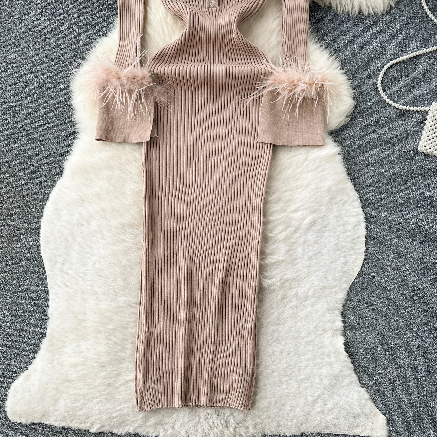Elegant Turn-down Collar Feather Long Sleeve Knit Bodycon Pencil Dress Slim Fashion Sweater Vestido Sexy Women Winter Clothing