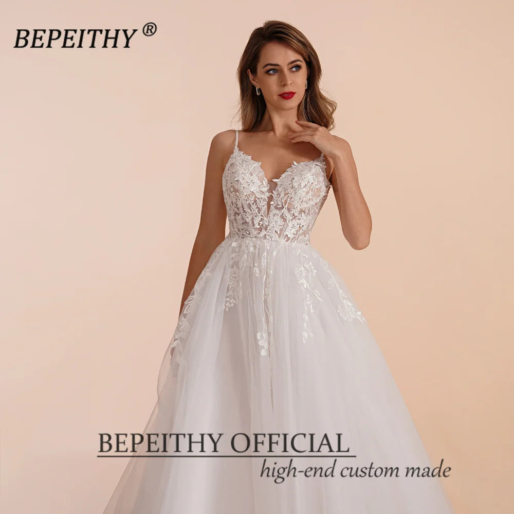 BEPEITHY Boho Ivory A Line Lace Wedding Dresses For Bride Women 2023 Sleeveless Floor Length Sexy Garden White Bridal Gown New