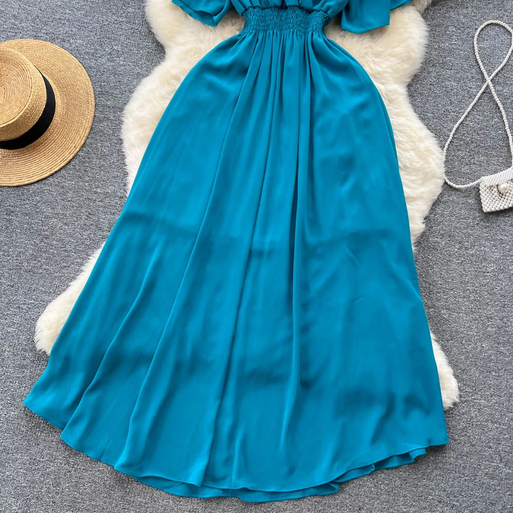 Vintage Elegant V-neck chiffon Dress A-line Fashion Beach Spring Summer Vestidos Women Bandage Sweet dresses