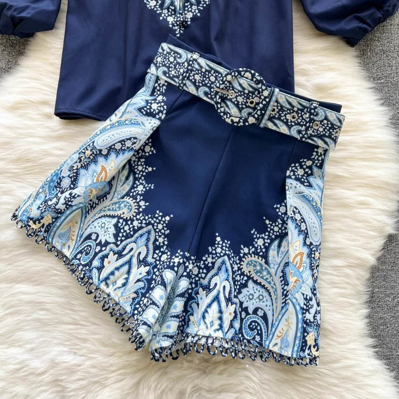 Spring Summer Retro Print Two Piece Set Women Lantern Sleeves Standing Neck Blouse Top+High Waist Wide Leg Shorts Elegant Suits