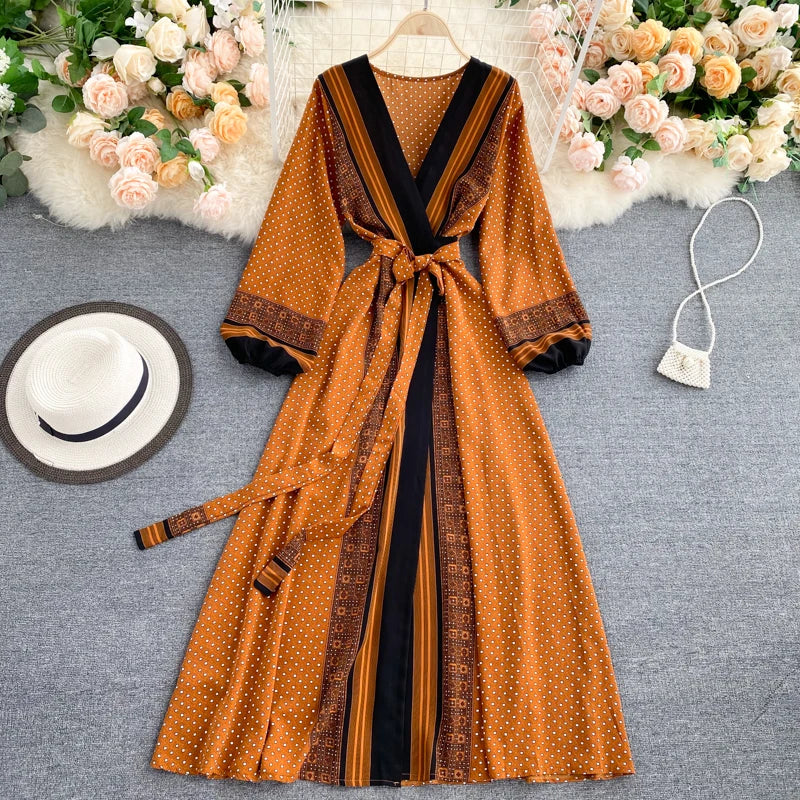 Vintage Print Elegant Puff Sleeve One Piece Dress A-line Lace-up Beach Vacation Midi Dress Women Fashion Spring Autumn Vestidos