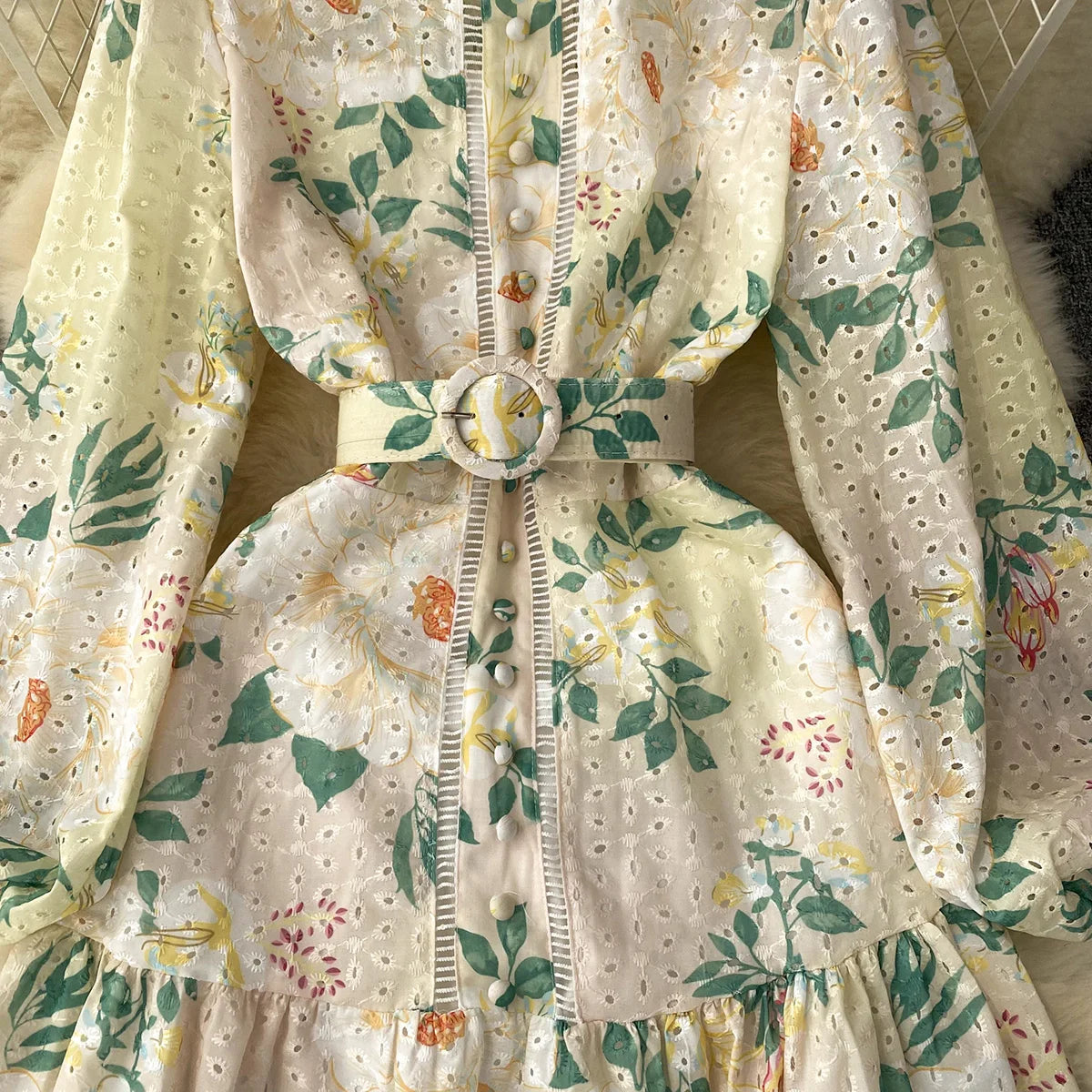 Elegant Party Dresses Woman Lace Trim Cutwork Embroidery Vintage Floral Print Dress 2023 New In Long Sleeve Mini Dress With Belt