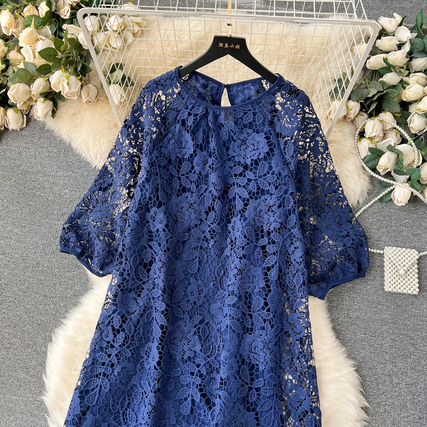 Chic Long Sleeve O Neck Lace Hook Flower Hollow Loose Dress Chiffon A-line Casual Dresses Fashion Women Elegant Vestidos
