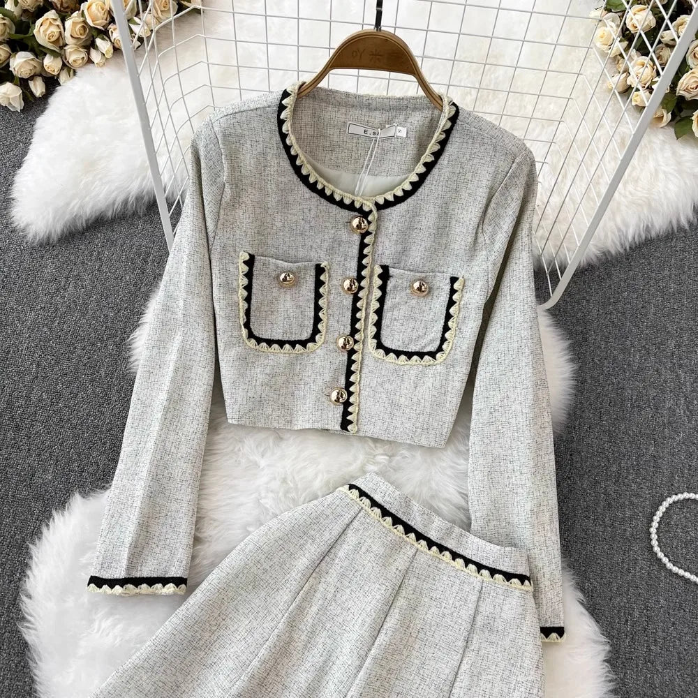Small Fragrance Elegant 2-Piece Set Spring Autumn Trendy Women's Outfit O-Neck Short Coat+High Waist Midi A-line Skirt Suit