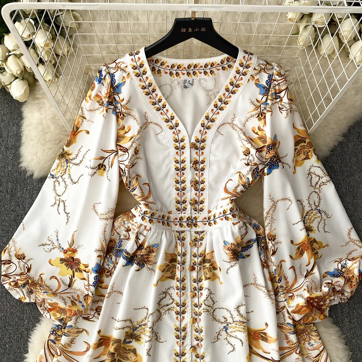 New In Dresses 2023 Fashion Women Clothing Party Elegant Vintage Print Dress Front Button Up V Neck Long Puff Sleeve Mini Dress