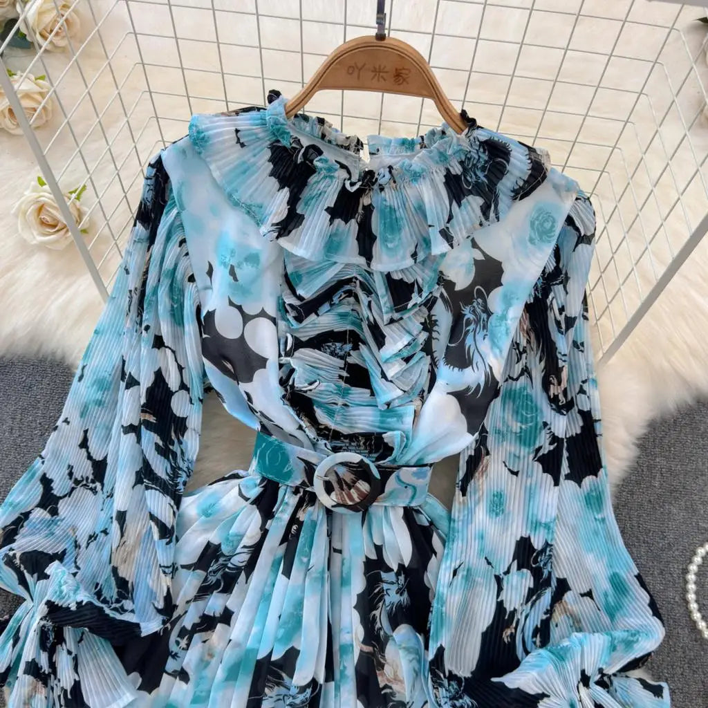 Summer Vintage Casual A-Line Floral Print Women Dress Elegant Chic Pleated Party Prom Vestidos with Belted Female Long Robe
