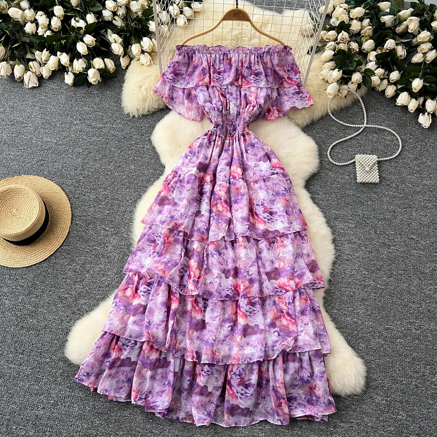 French Vintage  off shoulder short sleeve ruffle Dress Chic Casual Beach Vacation Women Summer chiffon dresses