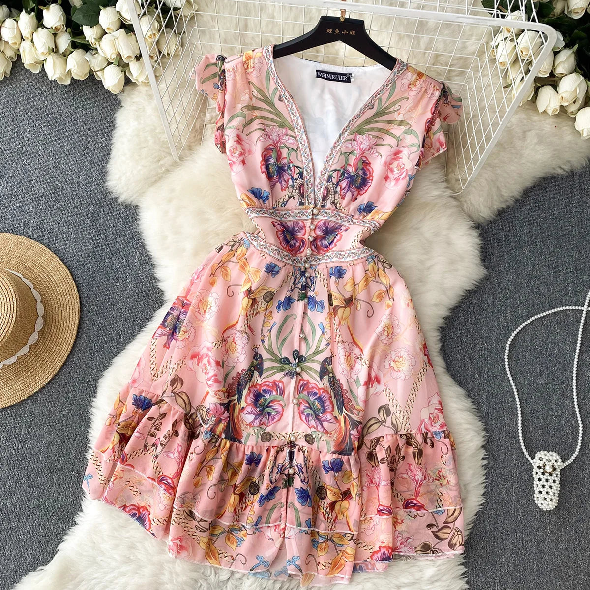 Short Dresses Women Cap Sleeve Vintage Print Chiffon Dress Faux Pearl Buttoned V Neck Ruffle Hem Wedding Elegant Party Dress