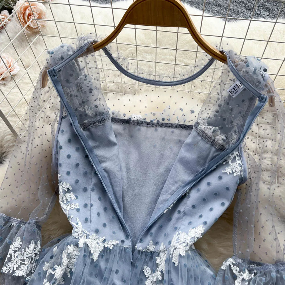 High Quality France Style Mesh Dress Women Long Ruffles Sleeves O Neck Embroidery Dot Zipper Ruched Gentle Party Sundress