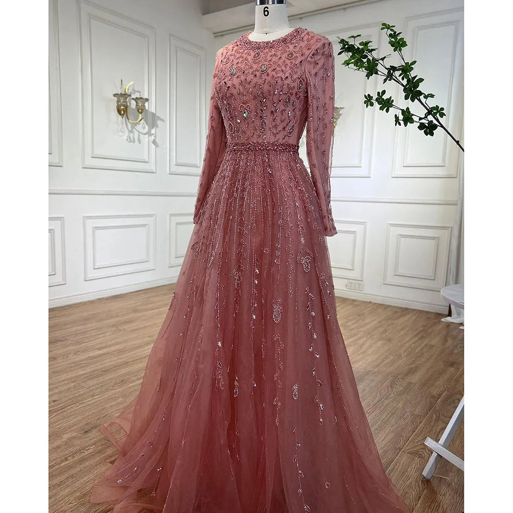 Serene Hill Peach Long Sleeves A-line Muslim Evening Dresses Luxury Beaded Dubai Wedding Party Gowns 2024 For Women GLA71803C