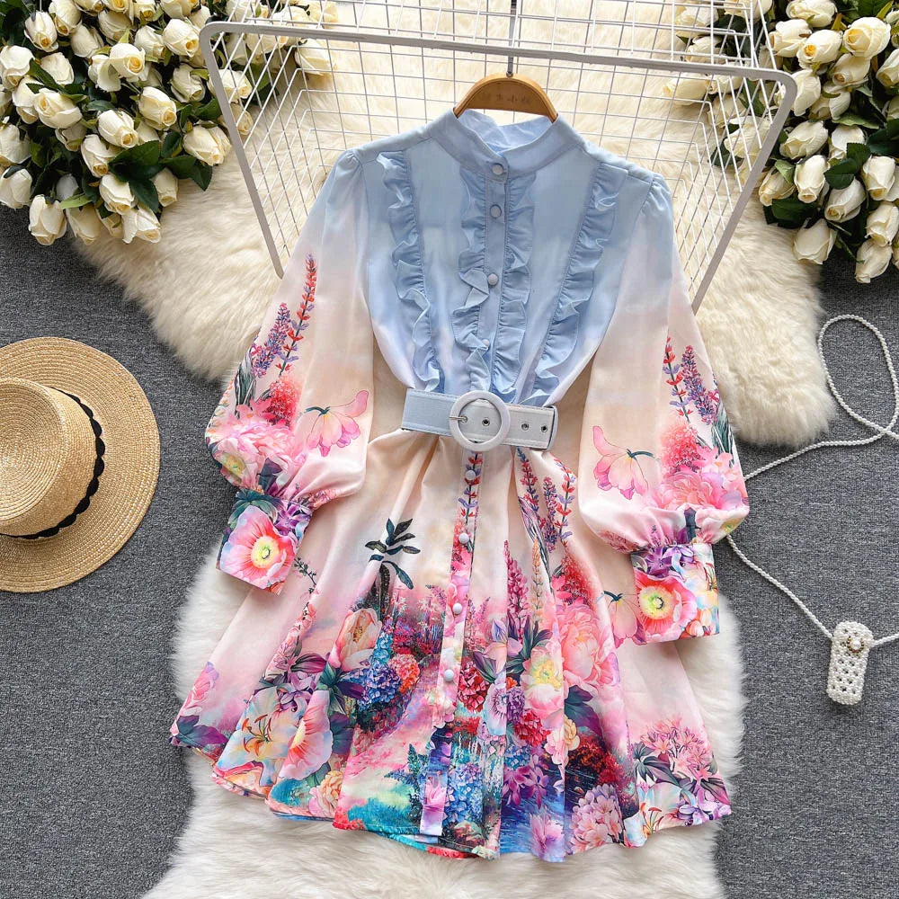 Chic Print Ruffle Elegant Puff Sleeve Dress A-line Casual Belt Beach Vacation Mini Dress Women Fashion Summer Spring Vestidos
