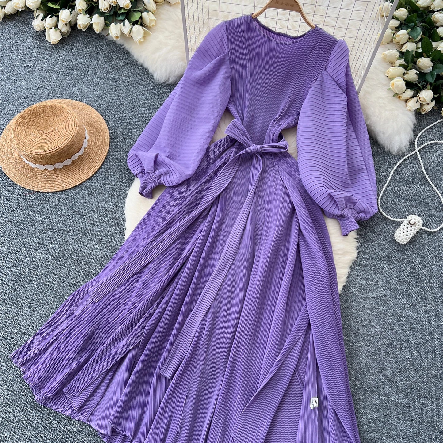 Vintage  Elegant Lantern Sleeve Sweet Pleated Dress Women Basics Fashion Summer Spring Dresse