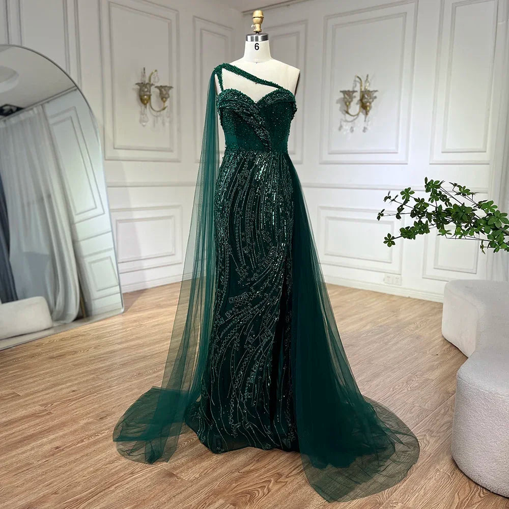SERENE HILL 2024 Green One Shoulder Mermaid Evening Dresses With Cape Sideskirt  Luxury Gown For Women Wedding Party GLA72472