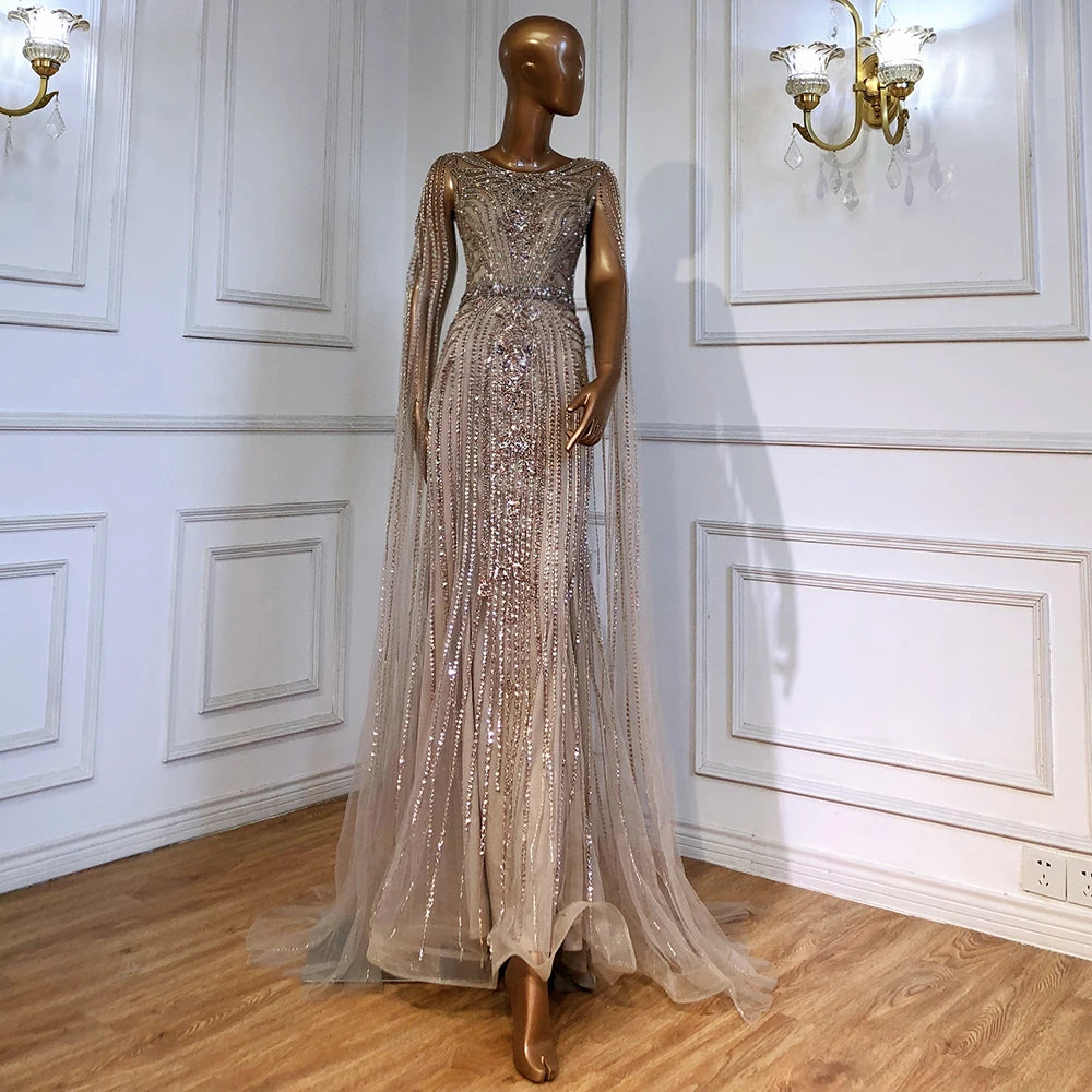 Serene Hill Brown Mermaid Elegant 2024 With Cape Sleeves Beaded Luxury Evening Dresses Gowns   For Women Party LA70638
