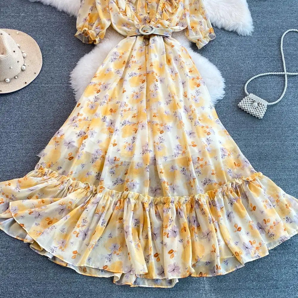 Summer Women Fashion Floral Print Casual Midi Dress Short Sleeve A-Line Maxi Boho Holiday Clothes Female Long Robe Mujers New