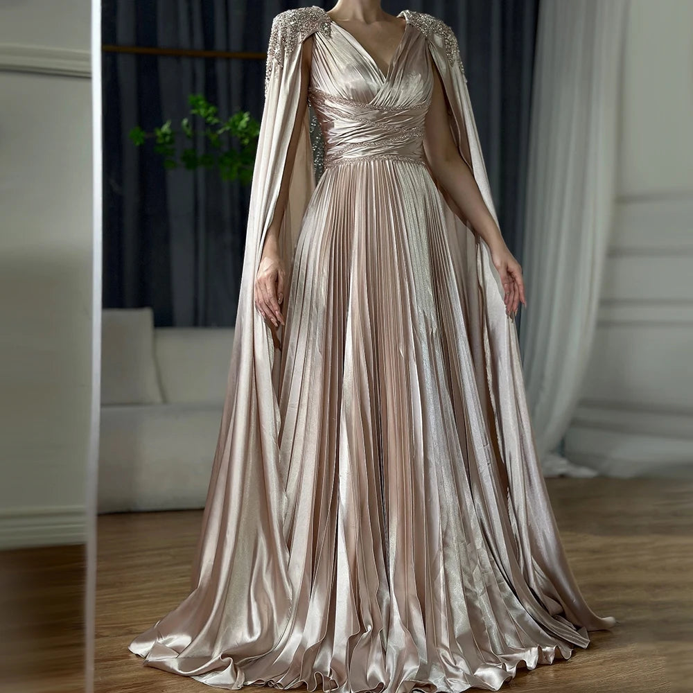 Serene Hill 2024 Nude Beaded Satin A-Line Saudi Arabic Evening Dress Gown with Cape Sleeves for Formal Occasion GLA72663