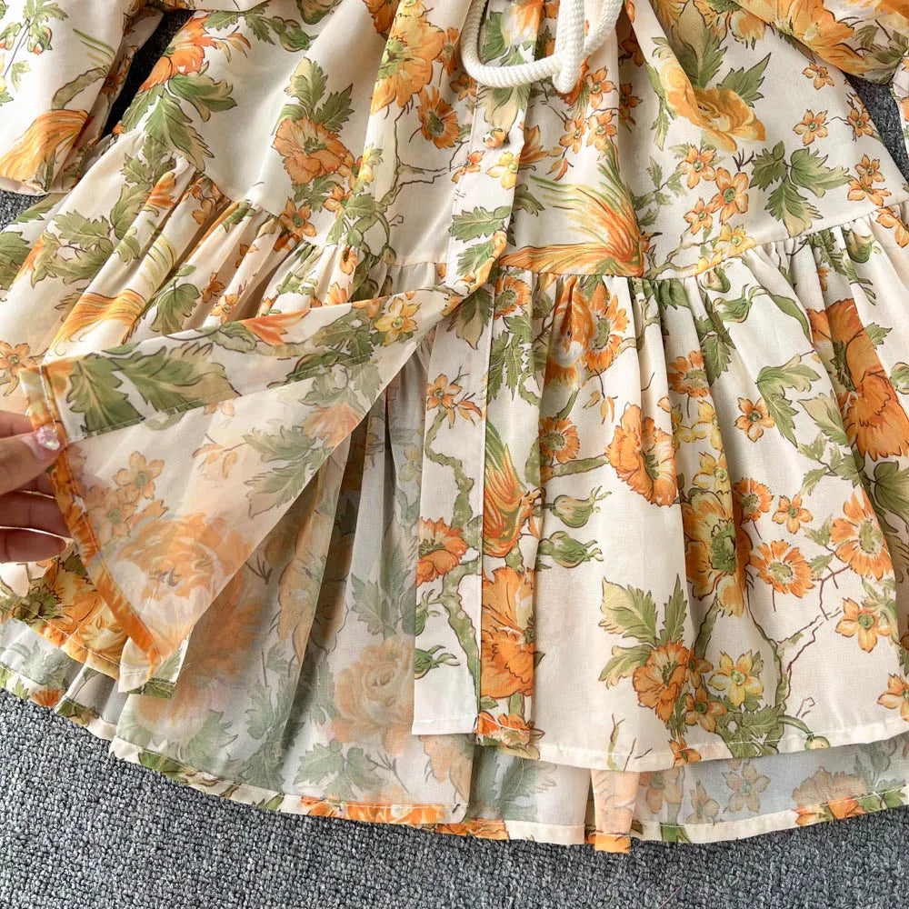 Elegant Party Dresses For Women Stand Collar Vintage Floral Print Dress Long Sleeve Holiday Beach Chiffon Mini Dress With Belt