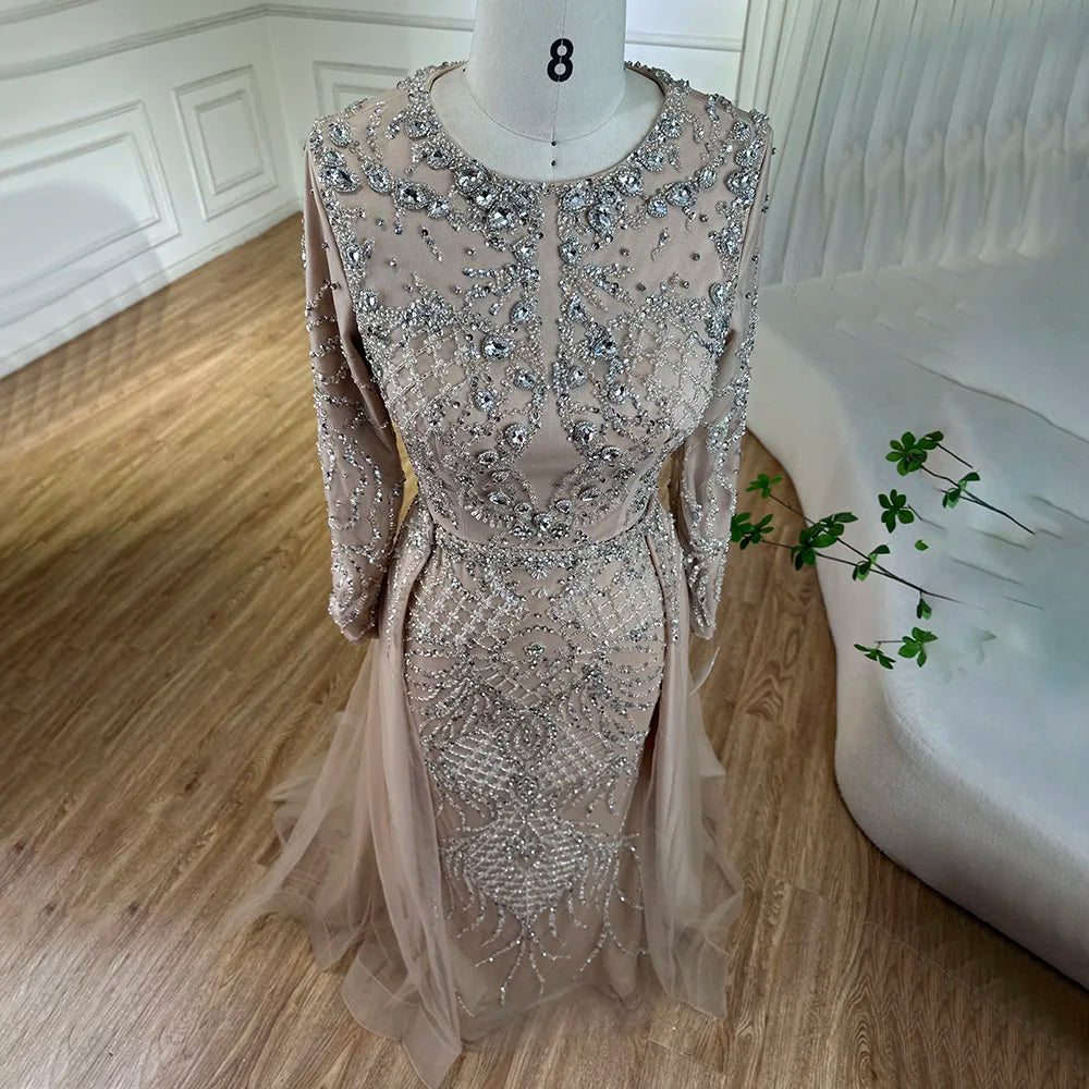 Serene Hill Muslim Silver Nude Mermaid Gown with Detachable Overskirt Beaded Evening Dress for Women Wedding Party 2024 LA71919