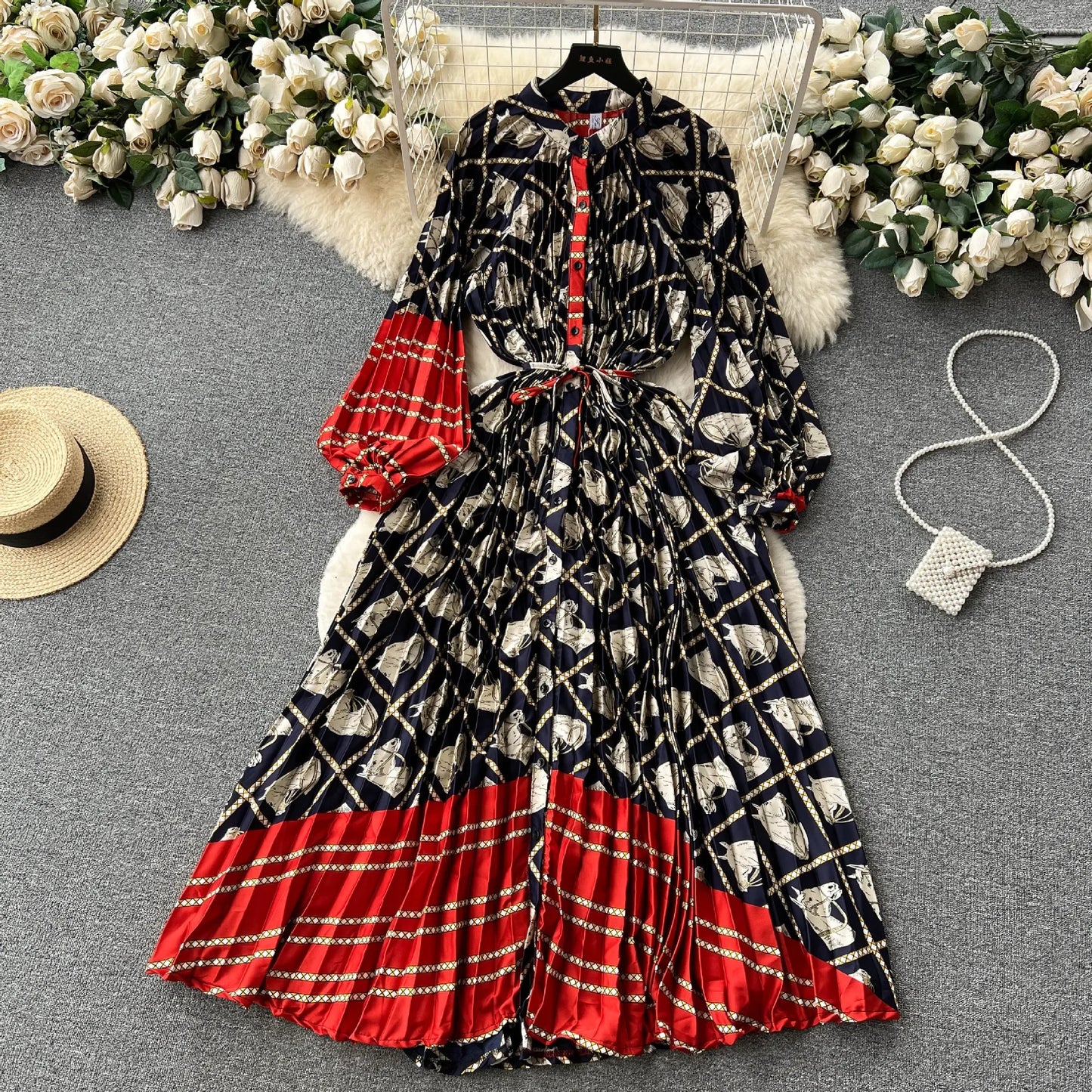 Women Print Long Dress Single Breasted Lantern Full Sleeve Round Neck A Line Dresses High Waist Folds Skirts Ladies Autumn