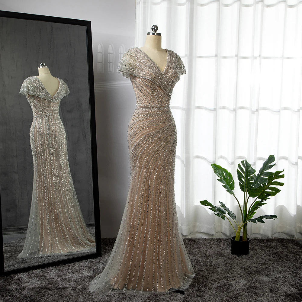 Silver Nude Mermaid Evening Gowns for Women 2023 Dubai Luxury Beading Sparkle Sleeveless Sexy Formal Dress BLA71686 Serene Hill
