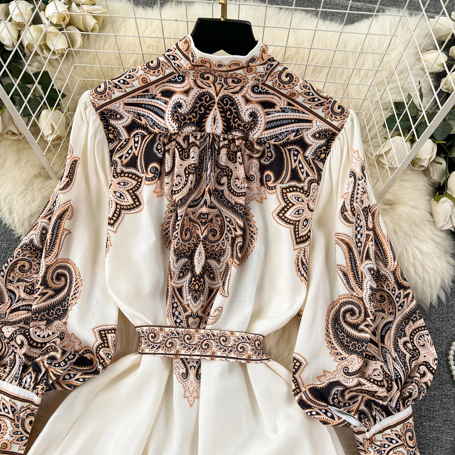 Vintage Print Elegant Half High Collar Lantern Long Sleeve  Dress A-line Casual Women Fashion Autumn Spring Vestidos
