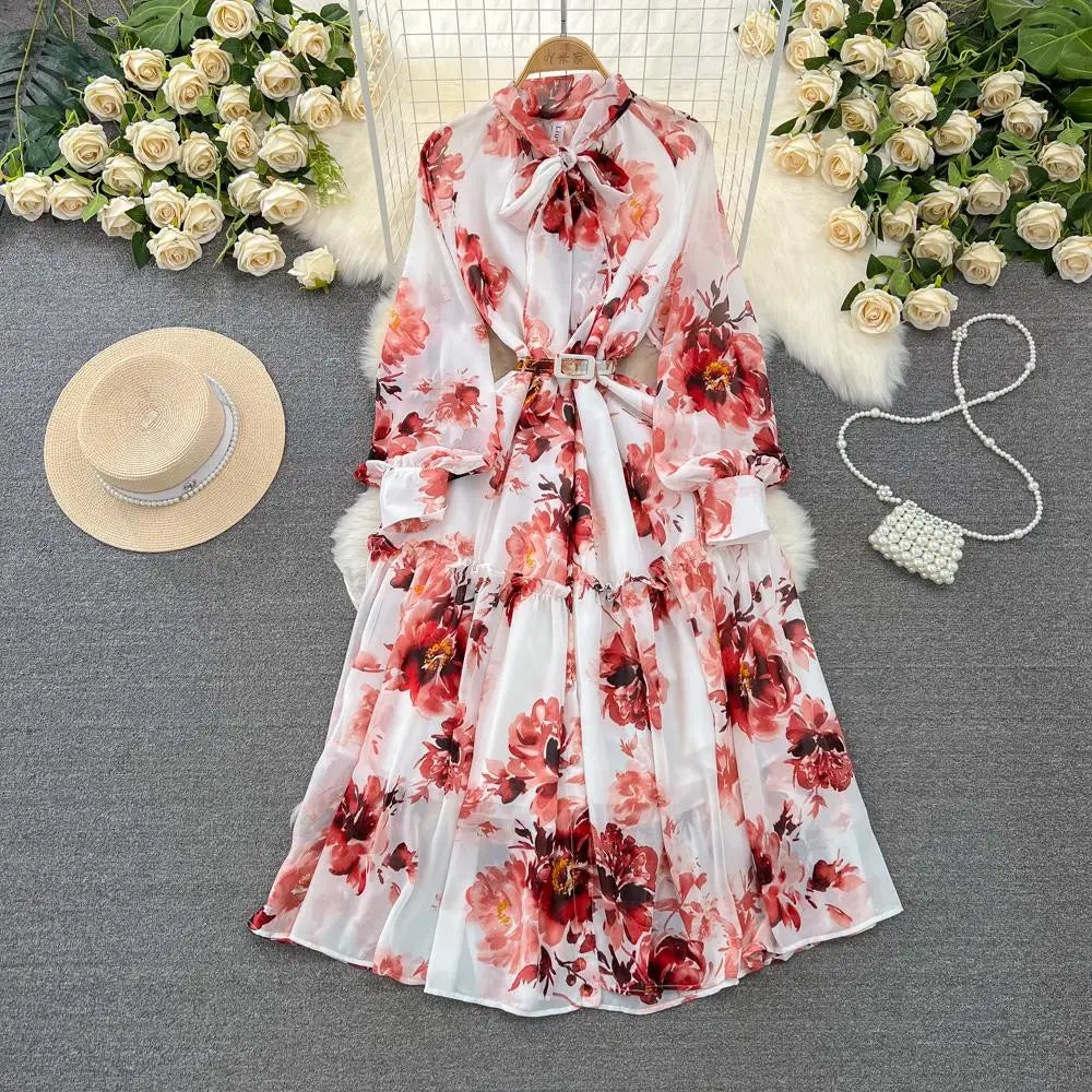 Elegant Casual Women Fashion Floral Print Long Dress Vintage Pleated A-Line Maxi Boho Beach Party Robe Female Clothes Mujers