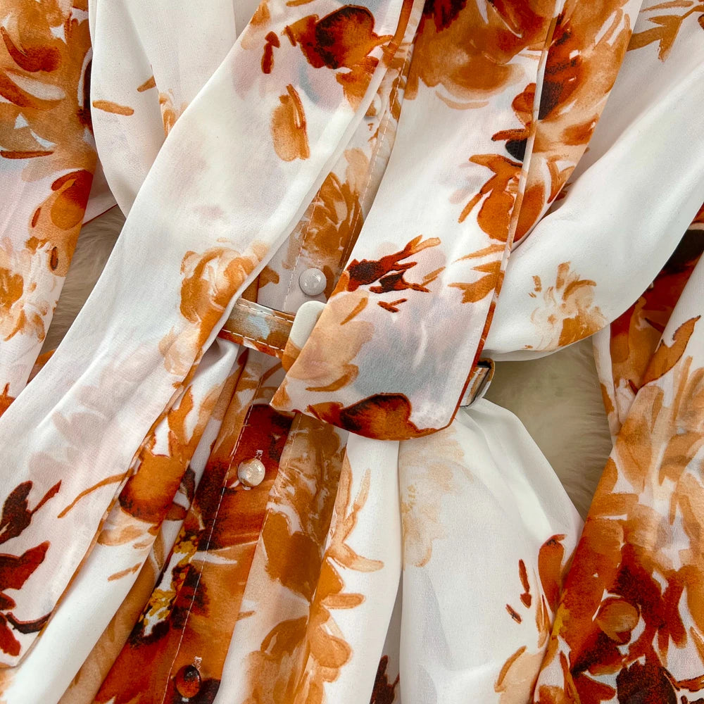 Elegant Casual Women Fashion Floral Print Long Dress Vintage Pleated A-Line Maxi Boho Beach Party Robe Female Clothes Mujers