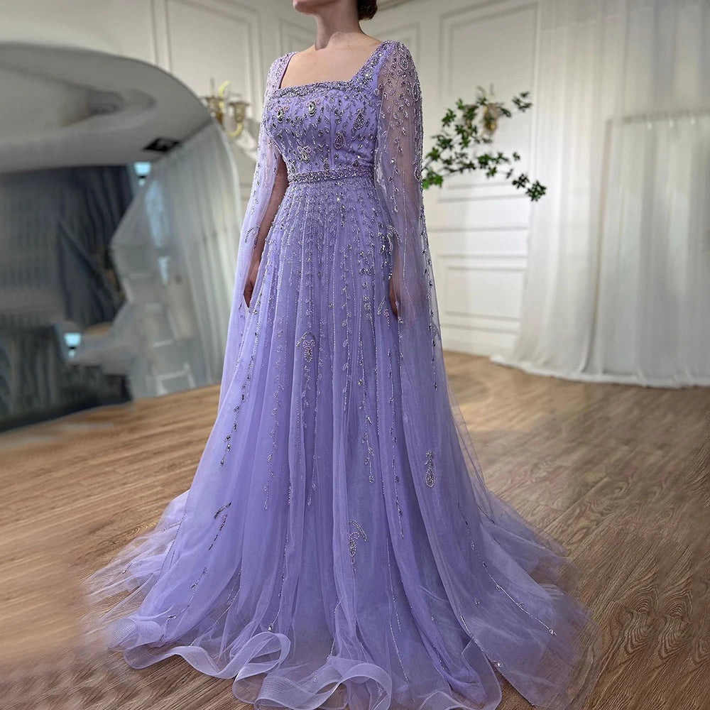 Serene Hill 2024 Muslim Pink A Line Beaded Elegant Cape Sleeve Luxury Evening Dresses Gowns For Women Wedding Party LA71803A