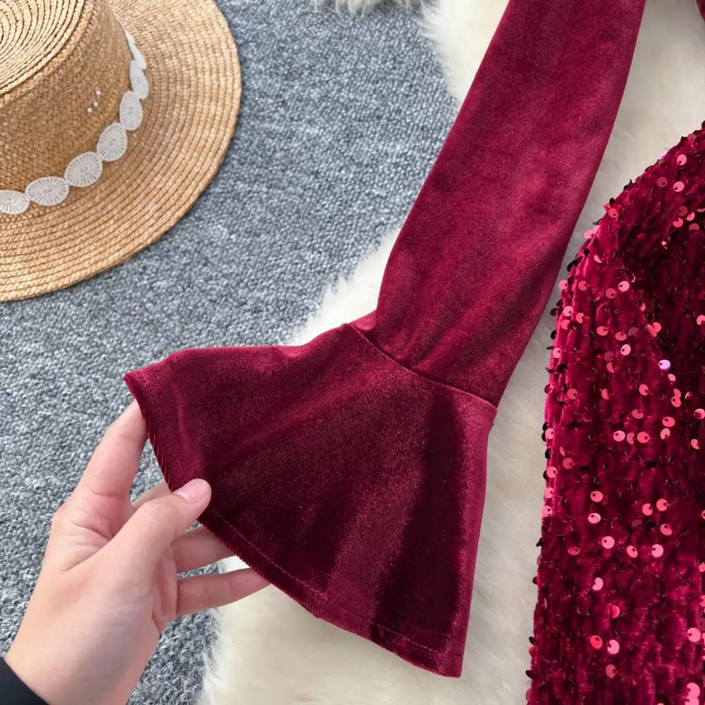 Women's Sexy Velvet Evening Gown Luxury Dresses V-Neck Flare Sleeve Split Long Dress Fashion Slim Robe Birthday Party Autumn New