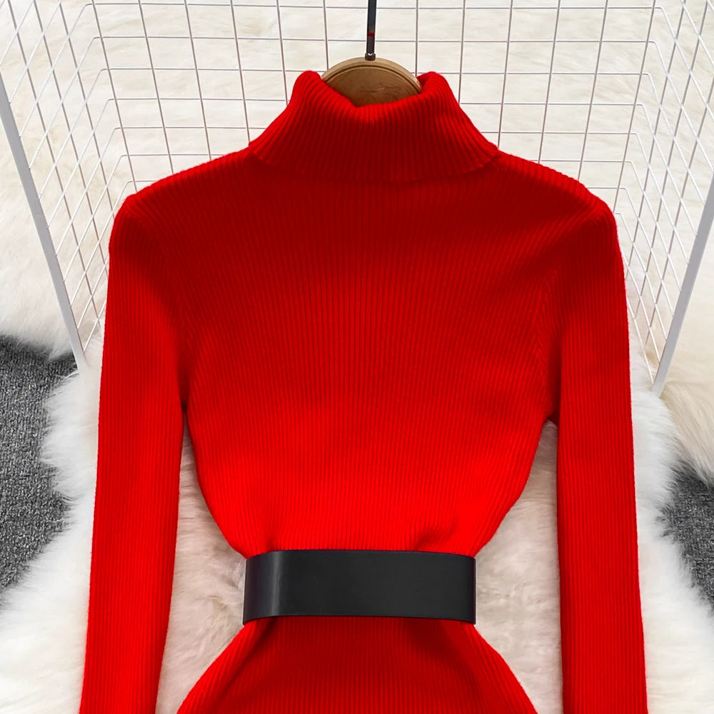 Elegant Turtleneck Long Sleeve Knit Soft Tight Pencil Dress with Belt Slim Fashion Warm Sweater Vestido Sexy Women Winter Robe