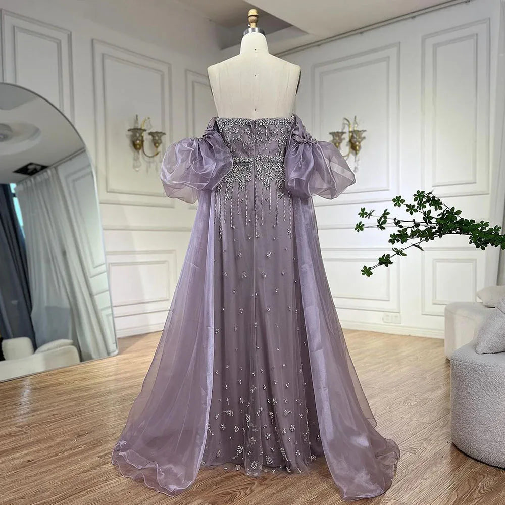 Serene Hill Black Sexy Off the Shoulder Puff Sleeves Evening Dresses Beaded Overskirt Mermaid Party Gown For Women 2023 BLA72002