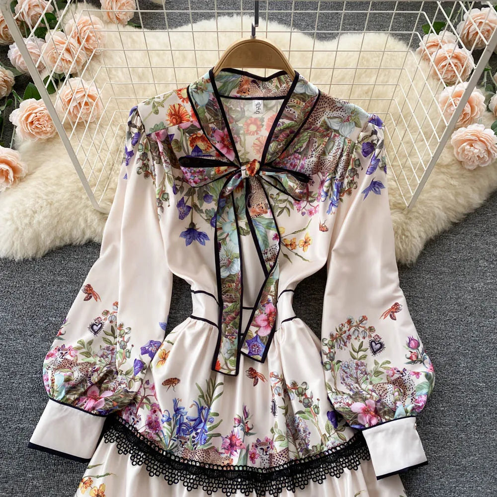 Vintage Elegant Long Dress Women Slim Floral Printed Party Dresses Tie Bow Elastic Waist Lantern Long Sleeve Long Robe Vestidos