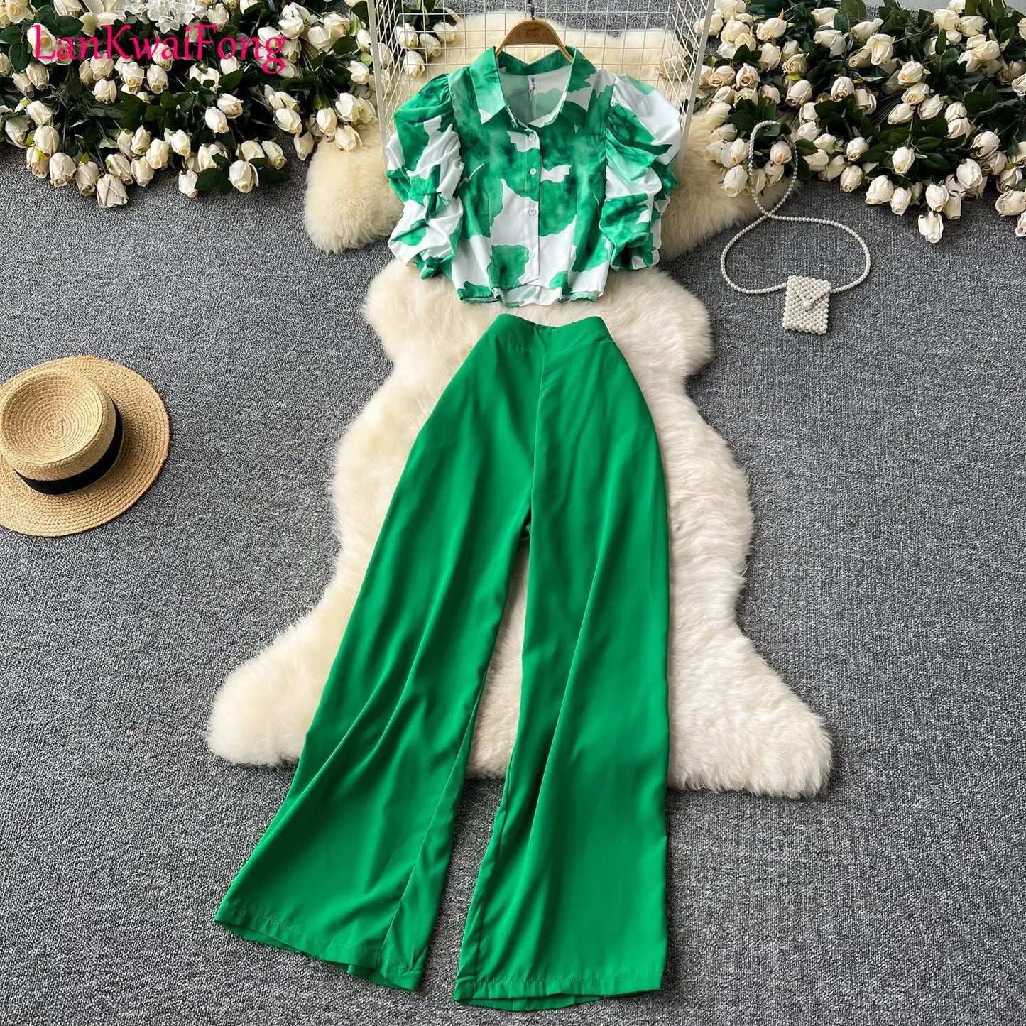 LKF Elegant Fashion Vacation Women's Set Short Lotus Leaf Sleeve Printed Button Up Shirt+High Waist Wide Leg Pants Two Piece Set