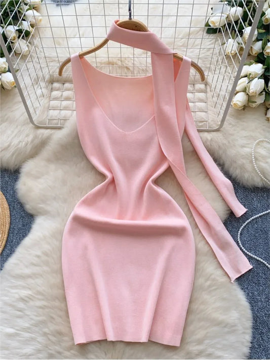 Sexy V-Neck Knitted Mini Dress for Women Elegant Spaghetti Strap Ribbon Slim Dresses One Piece Solid Female Clothes Autumn New