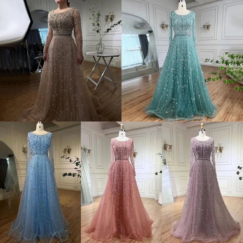 Dubai Arabic Designer Luxury Nude A Line Beaded Evening Dresses Gowns For Women Wedding Party 2023 BLA72088 Serene Hill