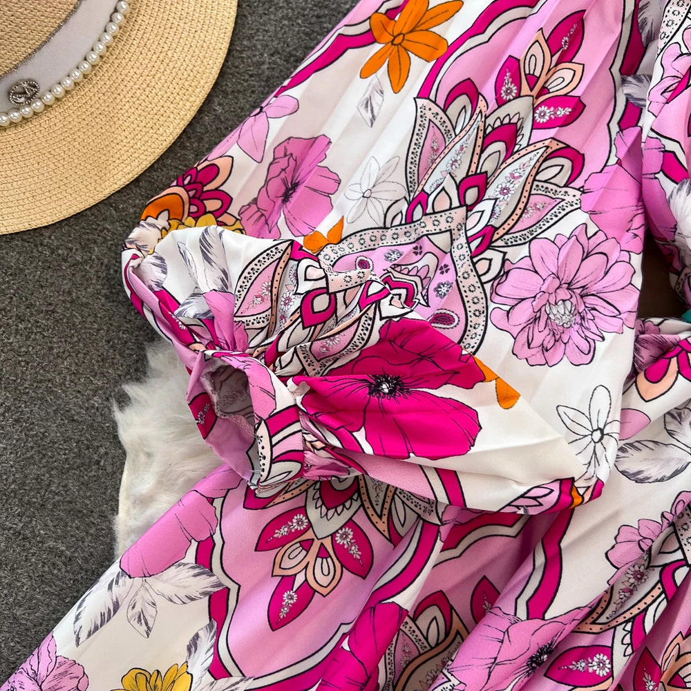 Elegant Women Casual Floral Print Party Dress Vintage Lantern Sleeve A-Line Pleated Prom Birthday Clothes Female Fashion Robe