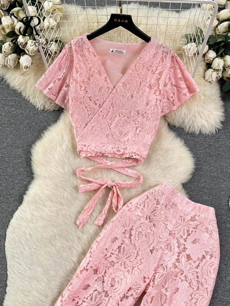 SINGREINY High Street Women Lace Slim Two Pieces Suits Summer Lace Up Short Top+Wide Legs Long Pants Set Retro Lace Floral Sets