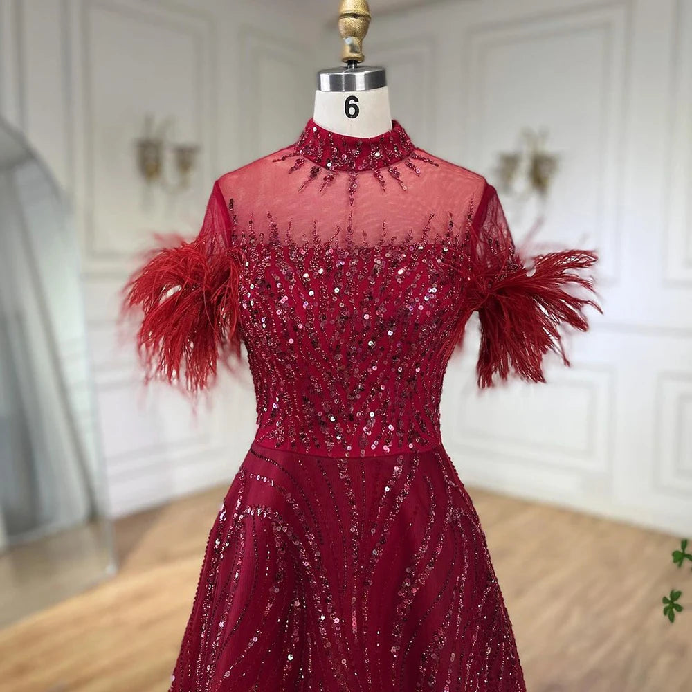 Serene Hill 2024 Arabic blue A Line Short Sleeveless Luxury Evening Dresses Beaded Feathers For Women Wedding Party LA72351
