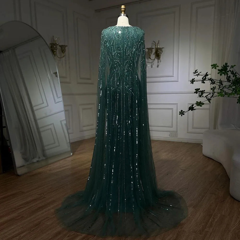 SERENE HILL 2024 Arabic Silver Mermaid Cape Sleeves Luxury Beaded Evening Dresses Formal Long Gowns Women Wedding Party GLA72239