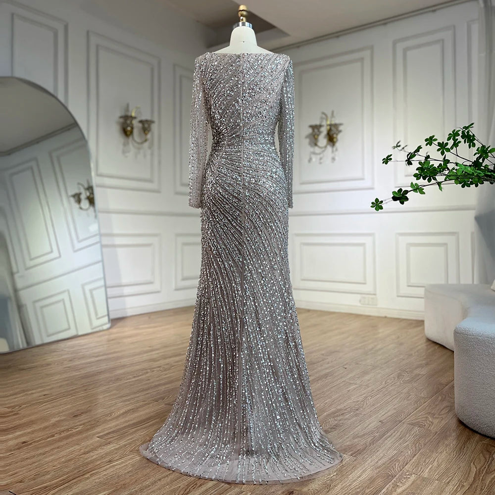 SERENE HILL 2024 Arabic Dubai Silver Gray Beaded Mermaid Evening Dresses Long Sleeves Gown With Skirt For Women Party GLA71618L