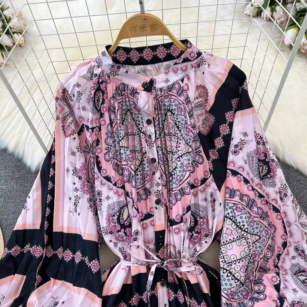 Elegant Women Casual Floral Print Party Dress Vintage Lantern Sleeve A-Line Pleated Prom Birthday Clothes Female Fashion Robe