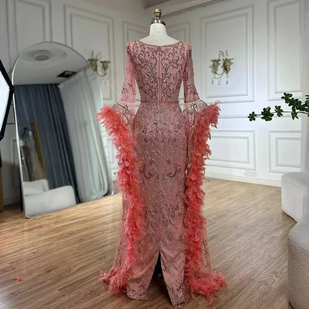 Serene Hill Flared Sleeves Mermaid Peach Beaded Feather Luxury Evening Dresses Gowns For Women's Party 2024 LA72767