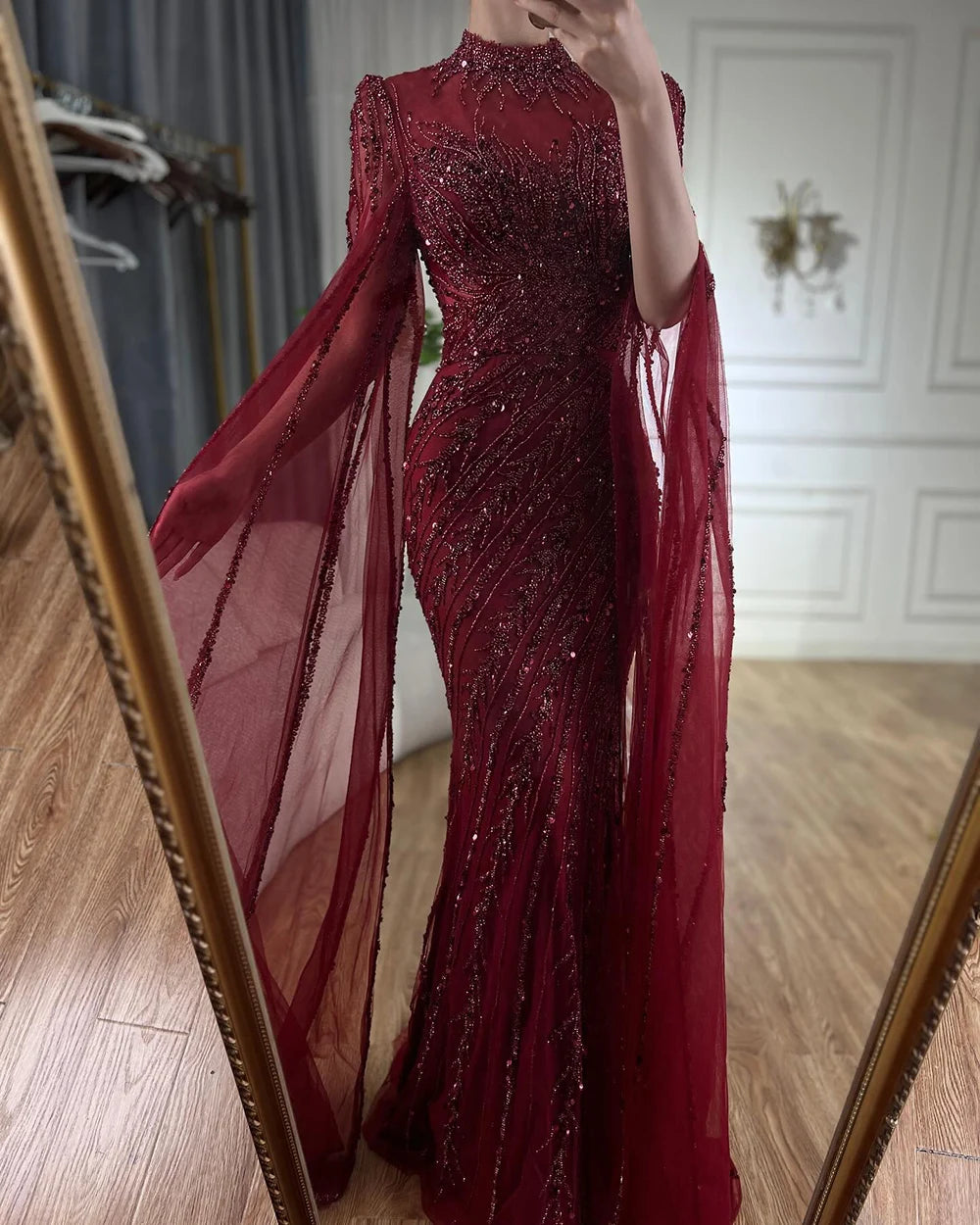 Serene Hill 2024 Nude Cape Sleeves Mermaid Lace Beaded Luxury Dubai Long Evening Dresses Gowns For Formal Occasion LA71885A