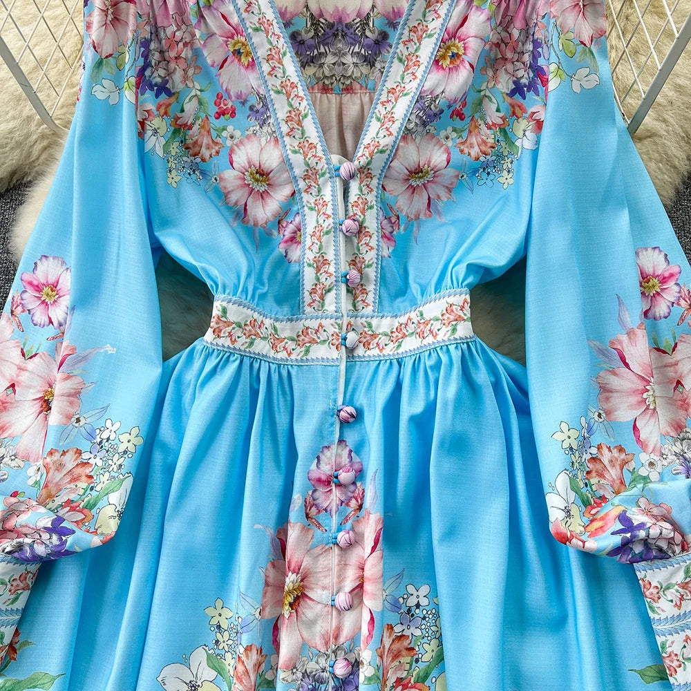 Spring Dresses 2024 Women Fashion Elegant Vintage Floral Print Dress V Neck Front Button Up Long Sleeve Holiday Mini Dress Woman