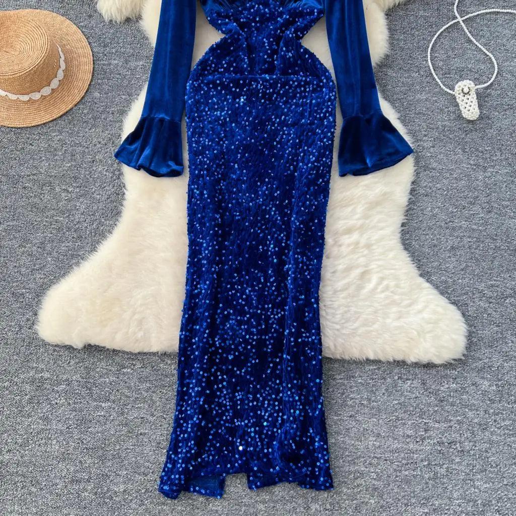 Women's Sexy Velvet Evening Gown Luxury Dresses V-Neck Flare Sleeve Split Long Dress Fashion Slim Robe Birthday Party Autumn New