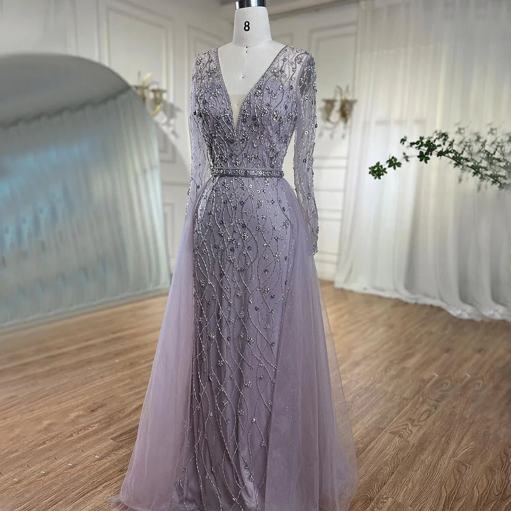 Lilac Long Sleeves Luxury Evening Dresses 2024 Dubai Elegant Diamond Mermaid Beaded Formal Dress Serene Hill LA70341